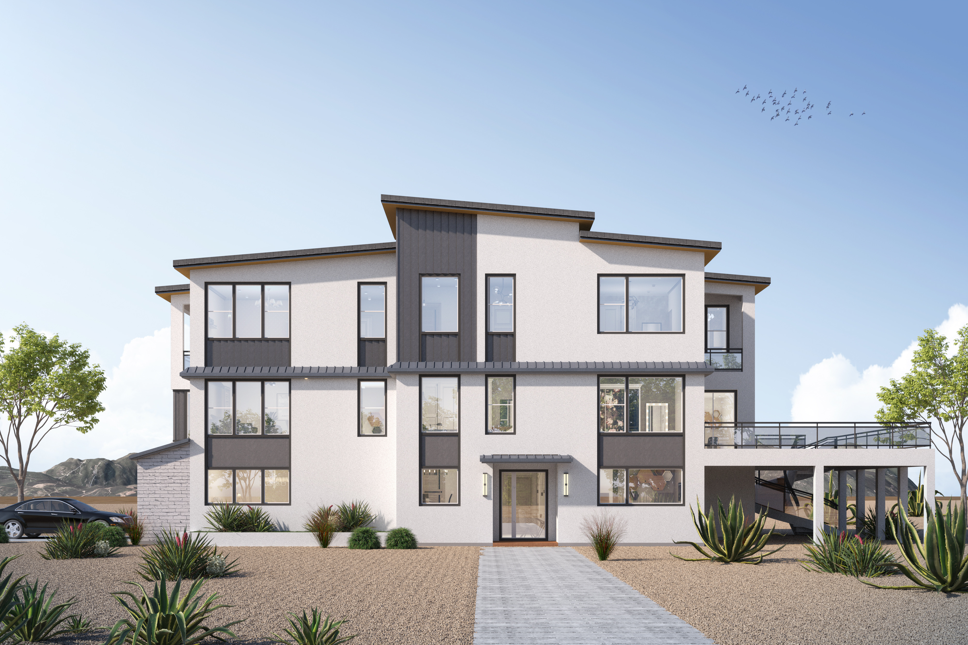 Three-story contemporary residence rear elevation