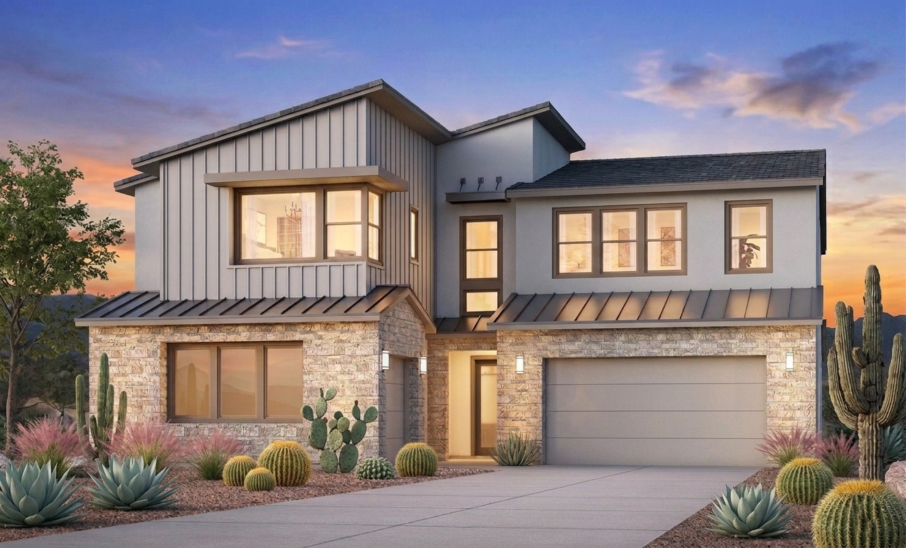 ZZA Stone & Standing-Seam Residence at dusk